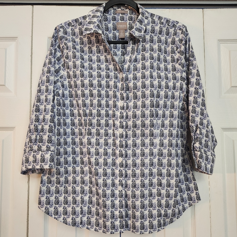 Chico's Wrinkle Resistant Blue Pineapple 3/4‎ Sleeve Button Down Shirt Size 2X